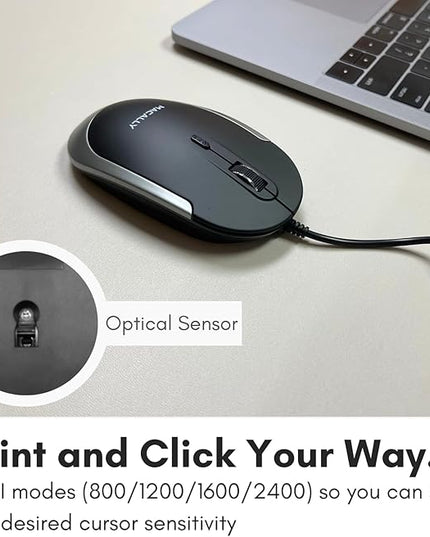 Macally Silent Wired Mouse - Slim & Compact USB Mouse for Apple Mac or Windows PC Laptop/Desktop - Designed with Optical Sensor & DPI Switch - Simple & Comfortable Wired Computer Mice (Space Gray)