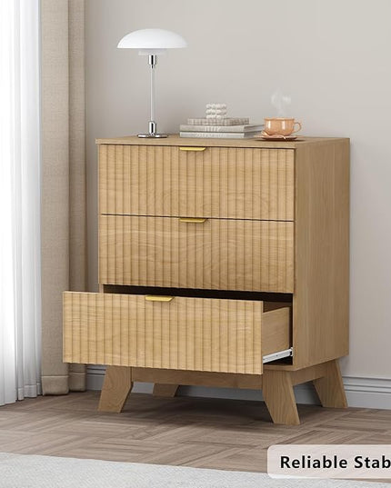 BORNOON Fluted 3 Drawer Dresser, 30.3" Tall Compact Modern Boho Chest of Drawers, Wooden Storage Cabinet for Bedroom, Living Room, Entryway, Curved Profile Design