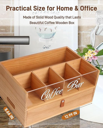 Intarsio 2-Tier Coffee Bar Organizer with Clear Acrylic Top, Built-in Drawer and Leather Handle Pull for Countertop, Stylish Coffee Station Storage Box for Accessories, Pods, Great Gifts for Home
