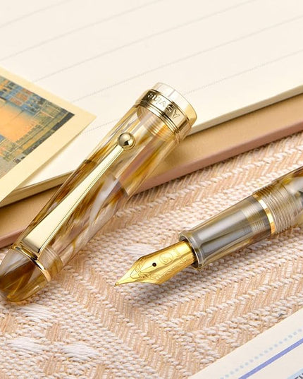 Asvine V126 Vacuum Filling Fountain Pen Brown Swirl Transparent Acrylic, Medium Nib Large-Capacity with Gift Case