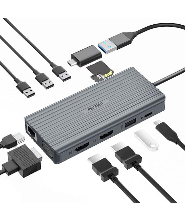 DisplayLink Docking Station Dual Monitor, Mosirui12-in-1 USB 3.0 to USB C Hub with Dual HDMI,VGA,USB3.0,Ethernet for MacBook M1/M2/M3/M4Pro/Air Dell HP Lenovo,Windows Laptops