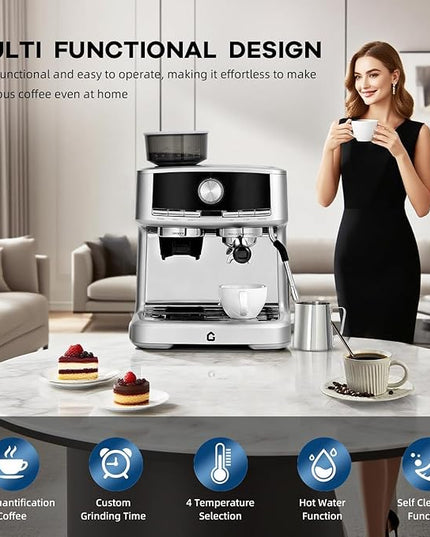 20 Bar Espresso Machine with Built-in Grinder, Stainless Steel Coffee Maker with Milk Frother Steam Wand, 1.5L Removable Water Tank, Adjustable Shot Volume for Home & Office