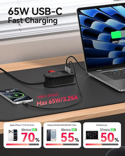 ORICO 65W USB Travel Power Strip, 7 in 1 Charging Station with 3AC, 2 USB-A, 2 USB-C, Flat Plug and 4ft Thin Extension Cord, Fast Charger for MacBook, iPad, iPhone 17/16/15 - TK65
