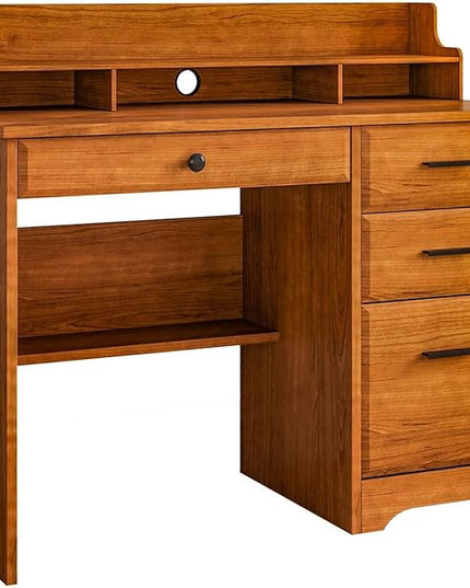 4 EVER WINNER Computer Desk with Drawers for Small Spaces, Wood Desk with File Cabinet & Monitor Stand, Office Desks Writing Study Table for Bedroom, Brown