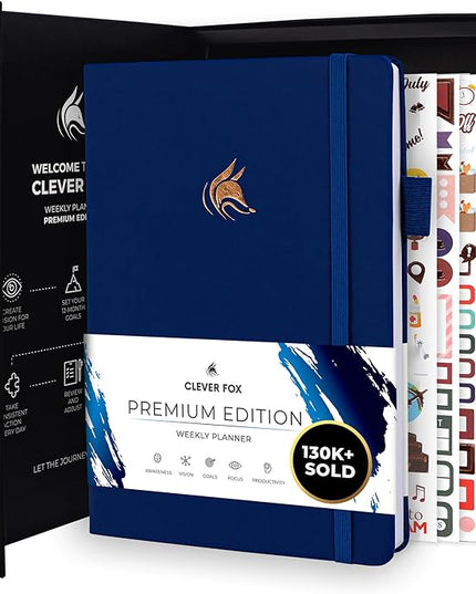 Clever Fox Planner Premium Edition – Undated Luxurious Weekly & Monthly Planner to Increase Productivity and Hit Your Goals – Organizer – Start Anytime, A5, Lasts 1 Year, Navy Blue (Weekly)