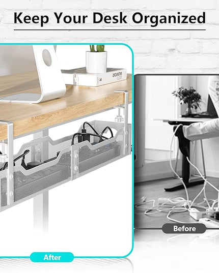 Under Desk Cable Management Tray 24.8", Quszmd Cable Organizer No Drill, Standing Cord Organizer and Wire Management Tray - No Damage to Desk, White