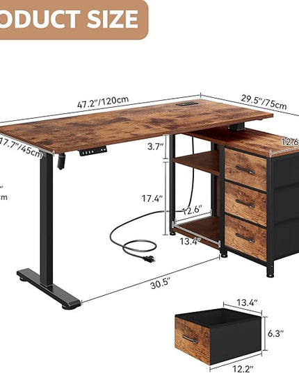 47 Inch L Shaped Standing Desk with 3 Drawers Electric Standing Desk with Storage Computer Desk Adjustable Height with Power Outlets 4 Memory Presets for Home Office, Rustic Brown