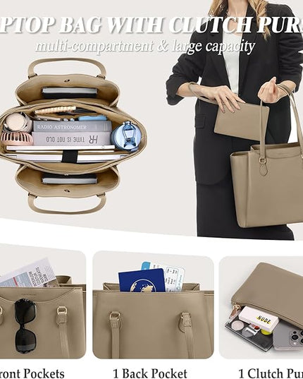 RAINSMORE Laptop Bag for Women 15.6 Inch Work Tote Bags Waterproof Computer Bags Leather Professional Laptop Purse Womens Laptop Briefcase Large Handbag for Office Teacher Travel, Beige