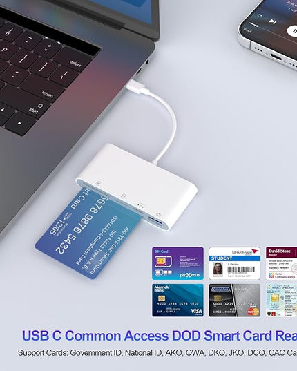 USB C SD Card Reader for iPhone, 5-in-1 Multi Memory Card Reader with SD+TF+Smart Card Slot+USB OTG+USB-C Port, DOD Military USBC Common Access CAC Smart ID Card Reader for iPhone 16/iPad/Mac/Laptop