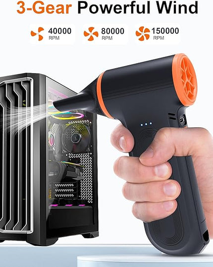X117 Compressed Air Duster-150000RPM Super Power Snow Blower, 3-Gear Adjustable Mini Blower with Fast Charging, Electric Air Duster for Leaves,Snow,Computer, Keyboard, House, Outdoor,and Car