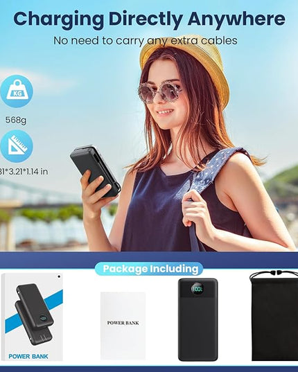 Portable Charger 33800mAh USB C Power Bank with Built-in Cables & AC Wall Plug,25W Fast Charging+QC 4.0 Phone Charger,4 Output Travel Essentials Battery Pack for iPhone16/15/14/13,Samsung,Android etc