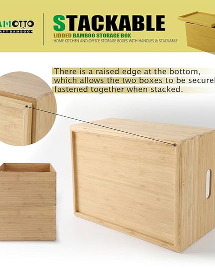 BAMOTTO Lidded Bamboo Storage Bins & Box/Cube/Basket, Home Kitchen and Office Storage Boxes with Handles & Stackable for Organizer Tableware, Clothing, Toys, Office Shelf Books, 10.2”x7.3”x6.5”