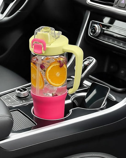 32oz Glass Water Bottle, 2-in-1 Straw and Sip Spout Lid, Leakproof Wide Mouth Tumbler with Handle, BPA-Free Reusable Bottle for Sports, Office, Outdoor, Bright Pink