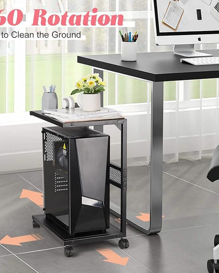 Liitrton PC Tower Stand 2-Tier CPU Stand with Locking Caster Wheels for Office & Home - Iron-Black