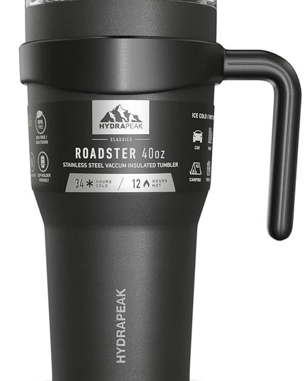 Hydrapeak Roadster 40oz Stainless Steel Tumbler Double Wall Vacuum Insulated Water Bottle With Handle And 2 in 1 Straw Lid (Black)