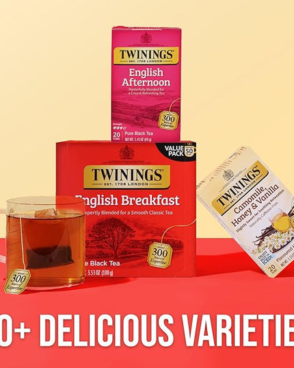 Twinings English Afternoon Black Tea Individually Wrapped Bags, 20 Count (Pack of 1), Smooth & Slightly Sweet, Caffeinated, Enjoy Hot or Iced, 20 Teabags