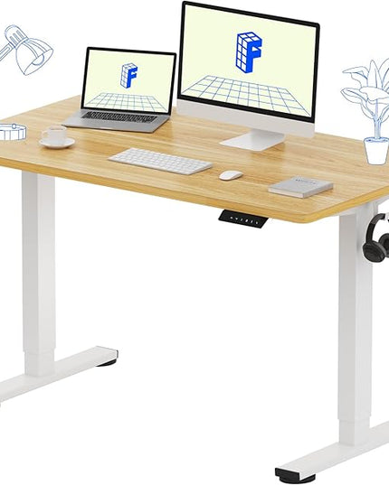 FLEXISPOT EN1 One-Piece Standing Desk 48 x 24 Inches Height Adjustable Electric Sit Stand Up Desk for Home Office (White Frame + Maple Desktop)