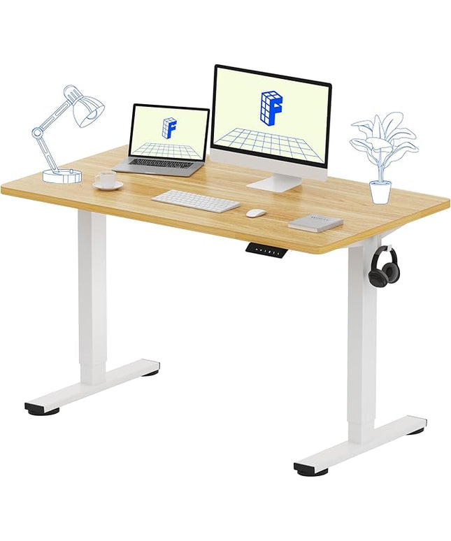 FLEXISPOT EN1 One-Piece Standing Desk 48 x 24 Inches Height Adjustable Electric Sit Stand Up Desk for Home Office (White Frame + Maple Desktop)