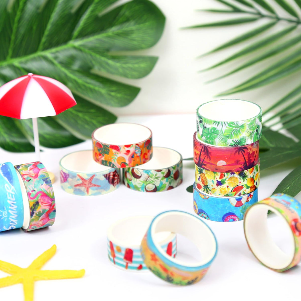 NIKOMIE Summer Washi Tape Set,12 Rolls Hawaii Beach Holiday Decorative Tape Flamingo Tropical Leaves Coconut Watermelon Pineapple Masking Tape for Journaling Supplies, Gift Wrapping, DIY Art&Crafts
