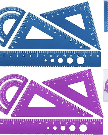 Honagu Triangular Ruler Set, 8 Pieces/2 Sets Aluminum Alloy Ruler, Metal Drafting Ruler, Geometric Protractor for Students, Draftsmen, Engineers, School Office Supplies (Blue+Purple)