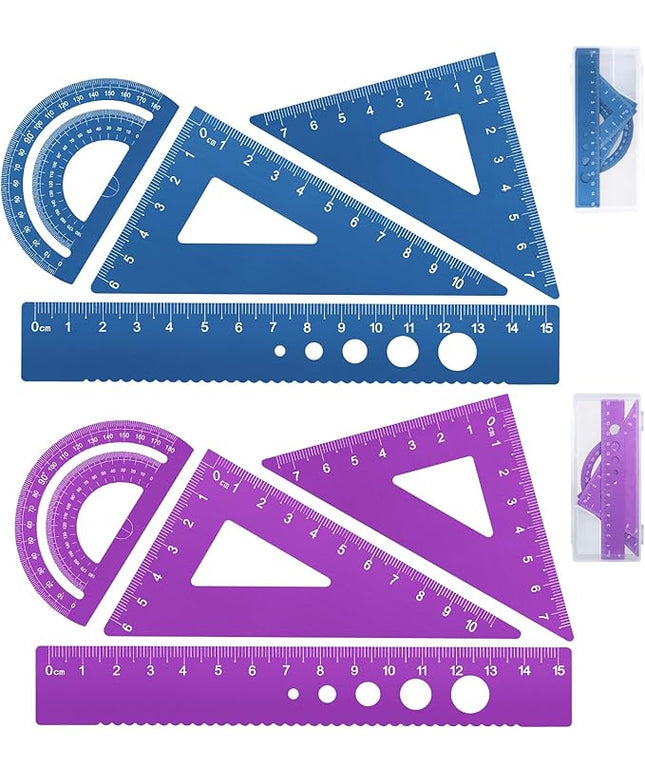 Honagu Triangular Ruler Set, 8 Pieces/2 Sets Aluminum Alloy Ruler, Metal Drafting Ruler, Geometric Protractor for Students, Draftsmen, Engineers, School Office Supplies (Blue+Purple)