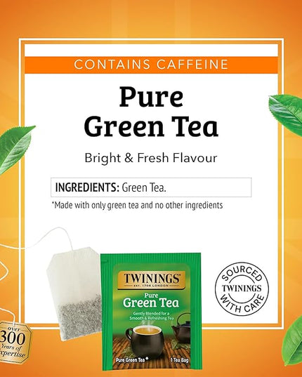 Twinings Pure Green Tea Individually Wrapped Bags, 100 Count (Pack of 1), Smooth & Refreshing, Caffeinated, Enjoy Hot or Iced, 100 Teabags