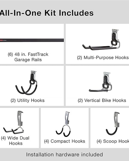 Rubbermaid 24-Piece FastTrack Garage Wall-Mounted Storage Kit, 6 Rails and 18 Hooks, Black, for Home/House/Tool/Sports/Equipment/Utility Purposes