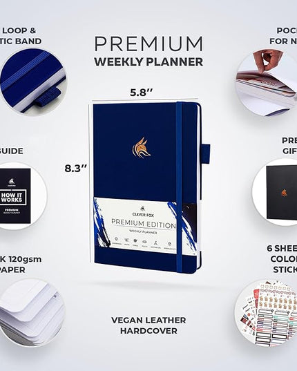 Clever Fox Planner Premium Edition – Undated Luxurious Weekly & Monthly Planner to Increase Productivity and Hit Your Goals – Organizer – Start Anytime, A5, Lasts 1 Year, Navy Blue (Weekly)
