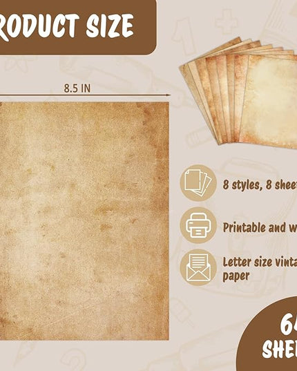Tlenpo Vintage Stationery Paper 64 Sheets, 8.5 X 11in Antique Stationary Paper for Writing, Letter Size Printer Paper, Decorative Old Look for Invites Resume, 8 Designs