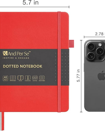 &And Per Se Dotted Journal Notebook, A5 Hardcover Leather Bullet Dotted Journal, 160 Pages 100 gsm Thick Paper, 3 Sheets of Stickers Included - 5.7'' x 8''（Red）
