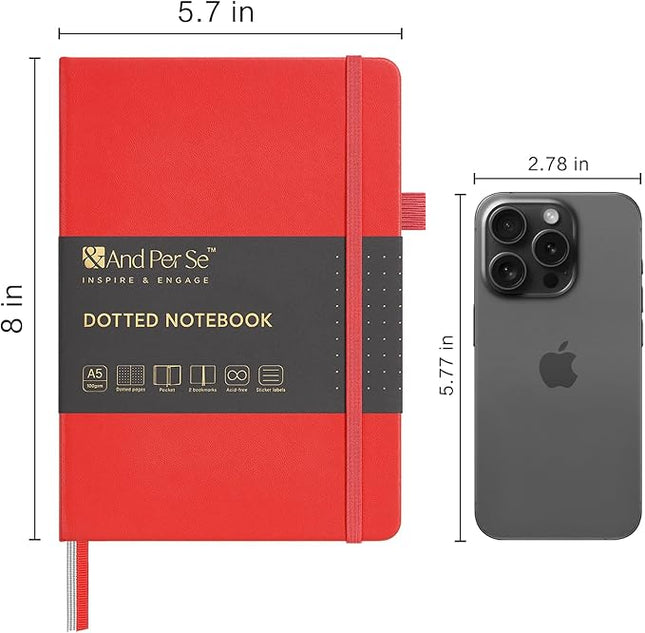 &And Per Se Dotted Journal Notebook, A5 Hardcover Leather Bullet Dotted Journal, 160 Pages 100 gsm Thick Paper, 3 Sheets of Stickers Included - 5.7'' x 8''（Red）