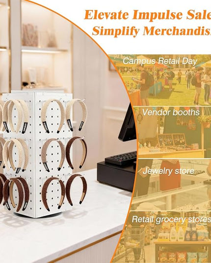 BYCY Rotating Pegboard Display Stand with 30 Hooks,Metal Spinning Peg Board Displays for Craft Shows,4-Sided Jewelry and Accessories Display Racks for Markets,Vendors,Events&Retail Stores (White)