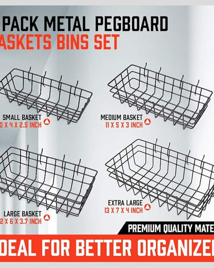 HORUSDY Peg Board Bins and Baskets | 4 Pack | Square Style 4 Size Pegboard Baskets and Pegboard Bins for Organize Workbenches, Accessories