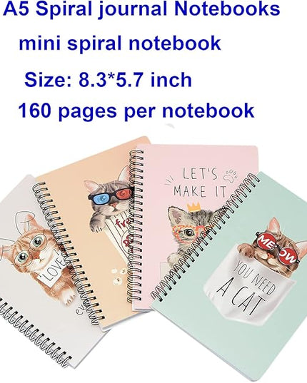 Yansanido Spiral Notebook, 4 Pcs A5 Thick Cat Design Hardcover 8mm Ruled 4 Color 80 Sheets -160 Pages Journals for Study and Notes (Cat)