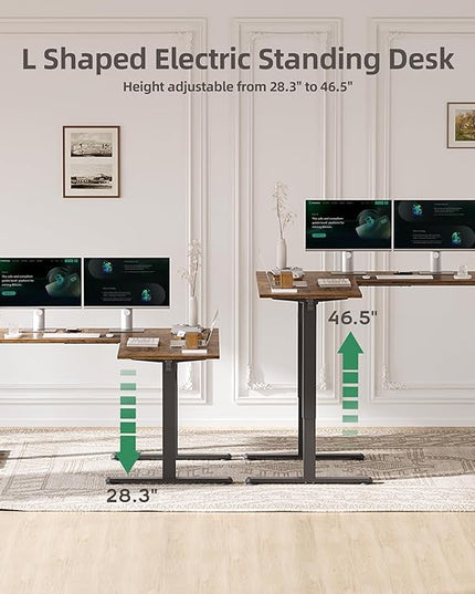 Claiks L Shaped Height Adjustable Electric Standing Desk with Dual Motors and Headphone Hook, 59" Corner Sit Stand Desk with Memory Presets for Home Office & Gaming, Rustic Brown