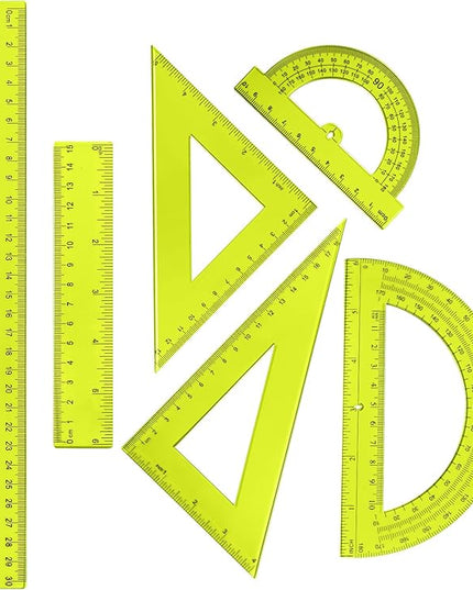 Tenare 6 Pcs Plastic Ruler Math Set Includes 12 Inch 6 Inch Straight Protractor Triangle Geometry Transparent Math Ruler Measuring Tools for School Office Home(Yellow)