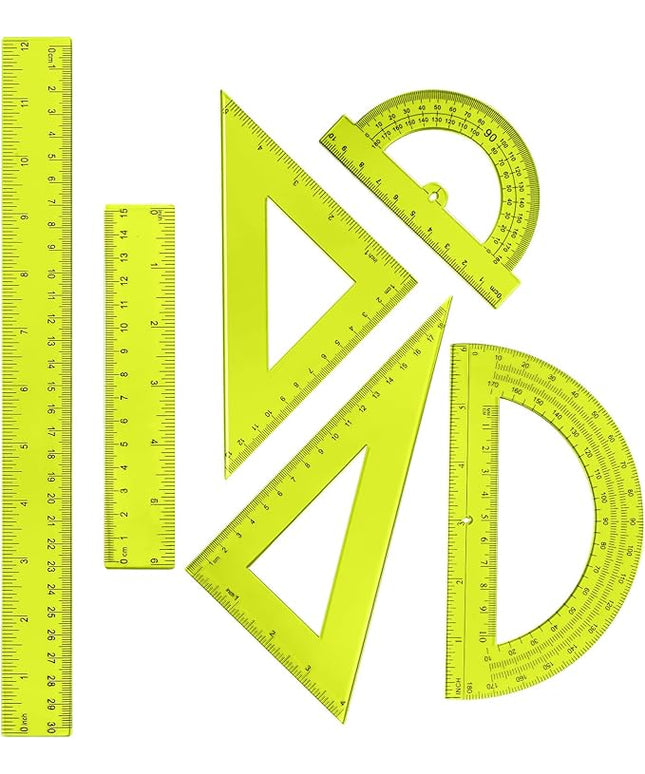 Tenare 6 Pcs Plastic Ruler Math Set Includes 12 Inch 6 Inch Straight Protractor Triangle Geometry Transparent Math Ruler Measuring Tools for School Office Home(Yellow)