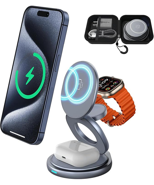 3 in 1 Wireless Charging Station for Apple Travel Charger for Multiple Devices Aluminum Alloy Foldable Magnetic Magsafe Charger 360 Rotating for iPhone 17/16/15/14/13/12 Series,for iWatch,for Airpods