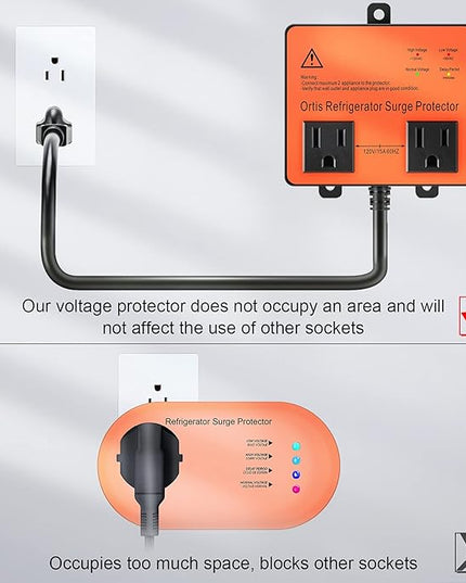 Refrigerator Surge Protector, Ortis Double Outlet Voltage Protector for Home Appliances with Time Delay, 5ft Power Cord, Protects Against Brownout, Spike, Instant Surge All Voltage Abnormalities