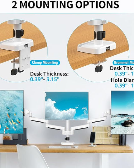 MOUNTUP Triple Monitor Stand Mount - 3 Monitors Desk Mount for Computer Screens Up to 27 inch, Triple Monitor Arm, Heavy Duty Monitors Stand, Each Arm Holds 4.4-19.8 lbs, White