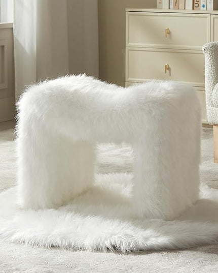 Vanity Stool Chair Small Footstool Ottoman Faux Fur Seating Backless Modern Foot Rest Ottoman Furry for Makeup Room Living Room Bedroom Entryway,White (Single 1)
