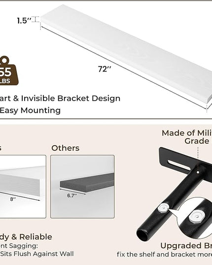 RICHFOCUS 72Inch Floating Shelves for Wall 2 Pack Shelves for Bedroom|Kitchen|Bathroom Wall Mounted Rustic Wood Floating Shelf with Invisible Brackets for Books|Storage|Decor, White