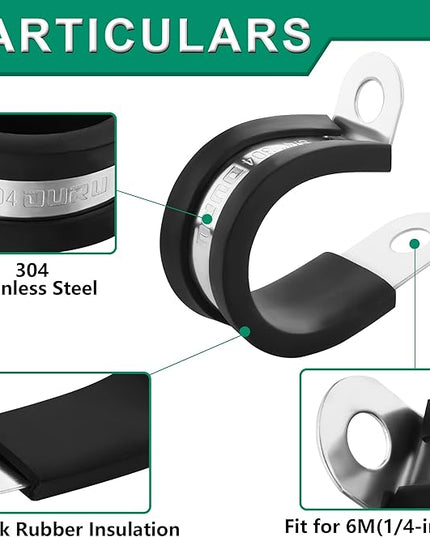 OURU 100PCS Cable Clamps 5/16 Inch 304 Stainless Steel Cable Clamps Rubber Coated Cushioned Insulated Cable Clamp,Automotive Wire Clamps,Pipe Clamps,Metal Clamp for Tube,Wire Cord Installation(8mm)