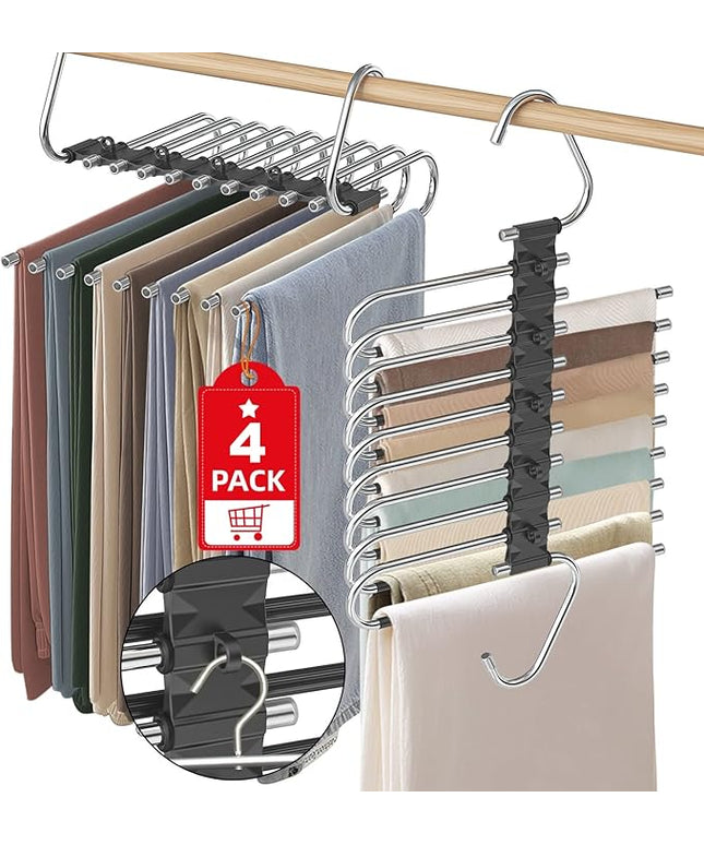 Upgrade 9 Layers Pant Hangers Space Saving, Non Slip Stainless Steel Multifunctional Pants Rack S-Type Clothes Pant Closet Hanger Organizer with Hooks for Pants Jeans Trousers Scarf (4 Pack, Black)