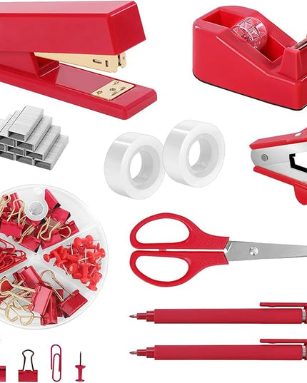 SKYDUE Red Office Supplies Set, Desk Accessories, Stapler, Tape Dispenser, Scissors, Binder/Paper Clips and 1000pcs Staples, Office Decor for Women