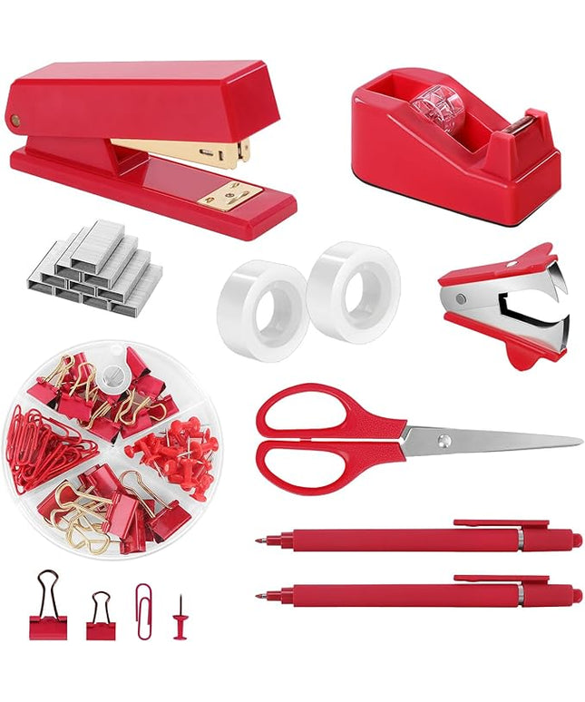 SKYDUE Red Office Supplies Set, Desk Accessories, Stapler, Tape Dispenser, Scissors, Binder/Paper Clips and 1000pcs Staples, Office Decor for Women