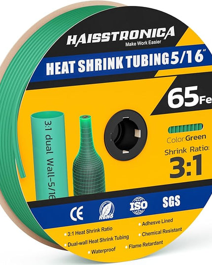 haisstronica 3:1 Heat Shrink Tubing, Shrink Ratio Adhesive Lined Marine Grade Heat Shrink Tube for Home, Automotive and Industrial (Green) 65FT 5/16inch