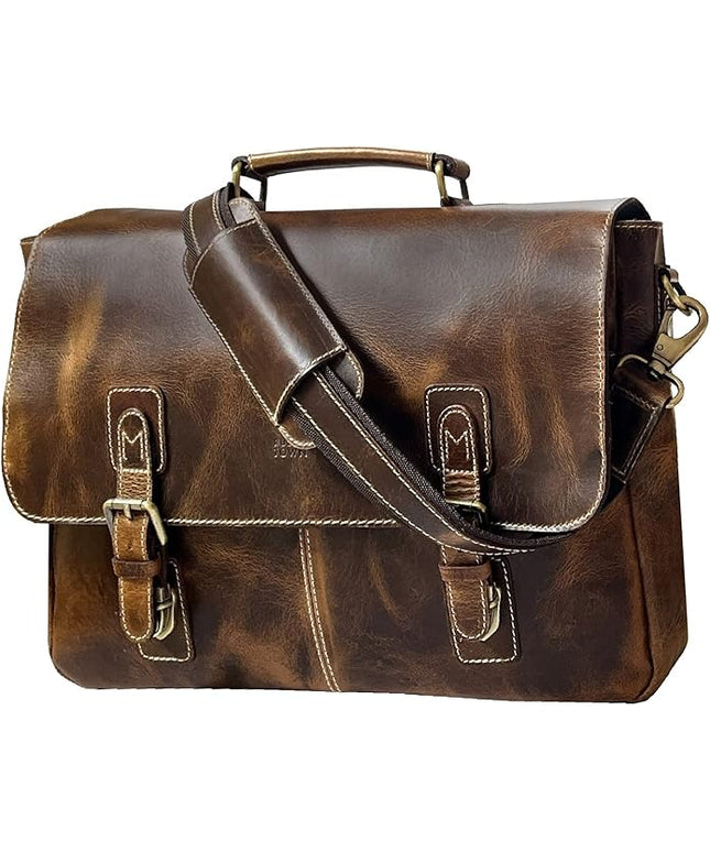 RUSTIC TOWN 16" Leather Laptop Messenger Bag for Men - Full Grain Leather Briefcase Computer Satchel Office Crossbody Bag