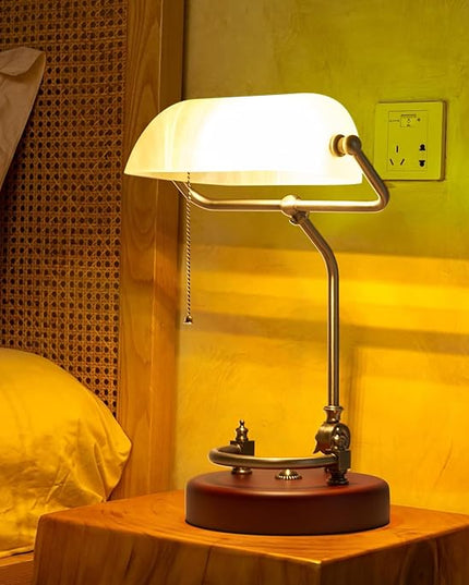 Bankers Lamp, Traditional White Desk Lamp with Solid Birch Wood Base, White Glass Antique Library Lamp with Pull Chain Switch, Plug in Vintage Bankers Desk Lamp for Office, Study Room 【E26 Socket】