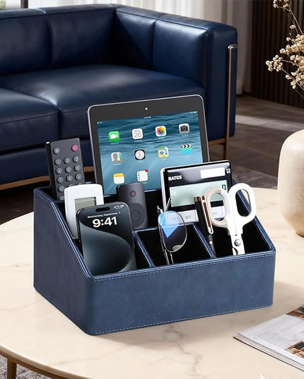 MEIBOOCH PU Leather Desk Organizer, Luxury Remote Control Holder for Home, Office Desk Accessories Table Caddy Bedside Nightstand Organizer (Dark Blue)